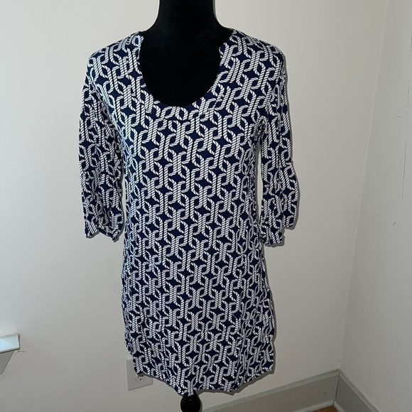 Escapada Nautical Rope shift mini dress flutter 3/4 sleeves blue white Sz M - Picture 2 of 9